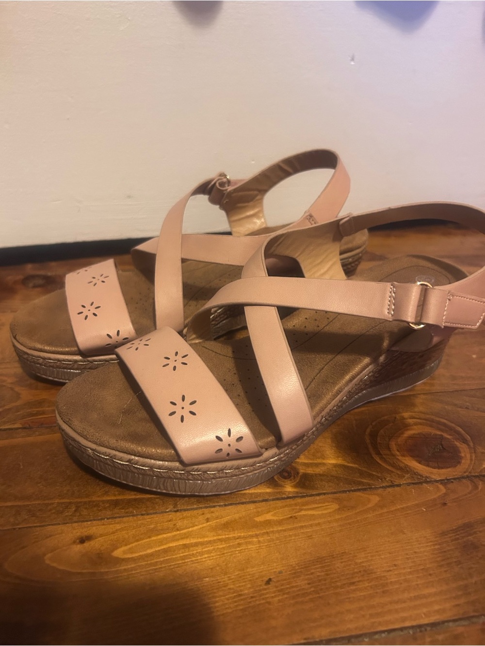 Worn Once- Confortable Pink Strappy Wedge Sandals with Floral Cutout Details